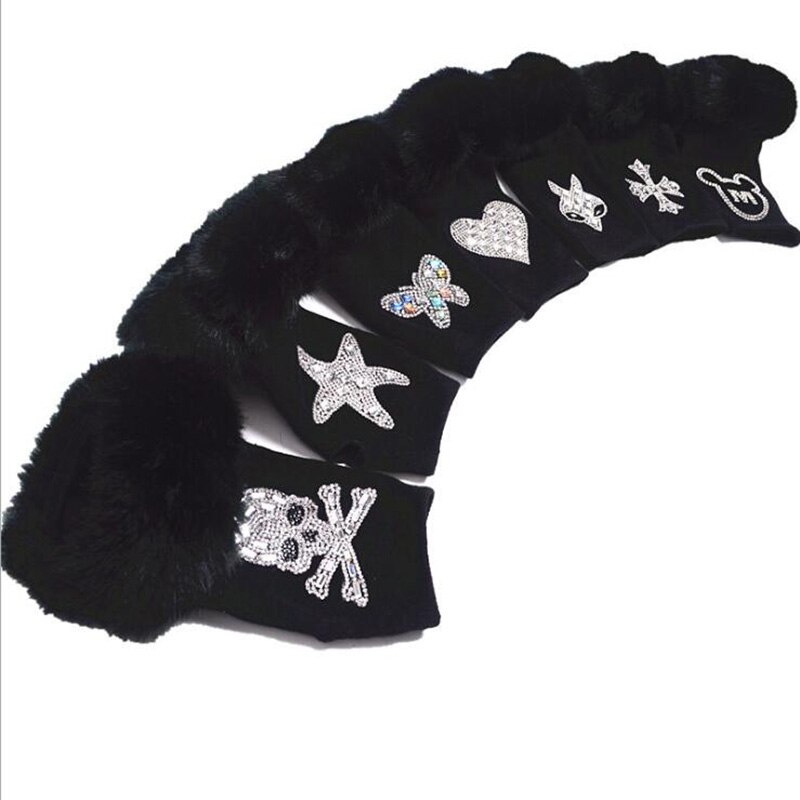 Kvindelig tegneserieugle halvfinger dansehandske kvinder vinter varm plys manchet diamanter pailletter kranium fingerløs strik skrivehandske  g102