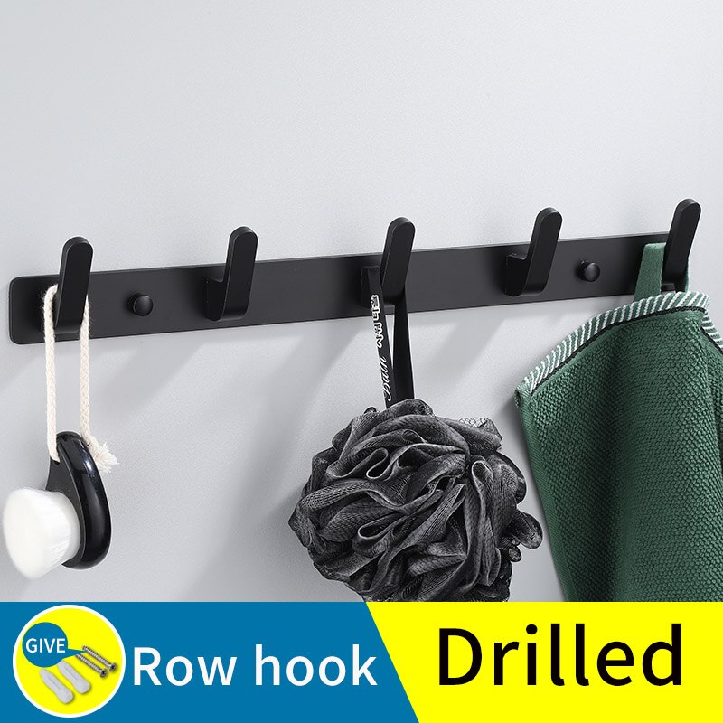 Baño fila gancho negro pegamento pasta de pared dormitorio ganchos sin tornillos de instalación de oro del baño toalla gancho: black-5pcs(Drilled)