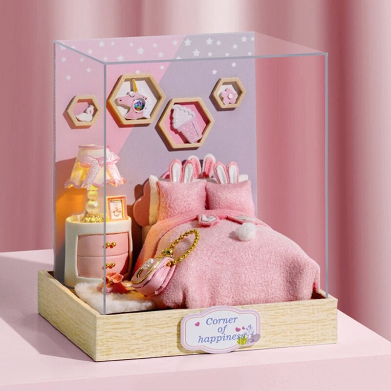 Box teater dukkehus miniature legetøj med møbler kanin diy miniature dukkehus førte lys legetøj til børn fødselsdag  q10: Qt28