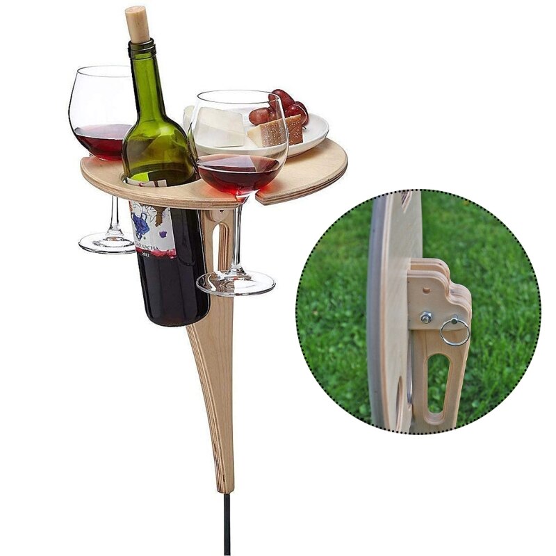 Outdoor Wine Table Foldable Round Desktop Mini Wooden Picnic Table Collapsible Wine Glass Rack Travel Portable