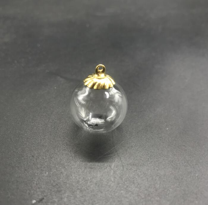 3pcs 18mm Round shape hollow glass ball with beads cap set glass globe glass vials pendant glass bottle globe jewelry findings: 9mm gold cap