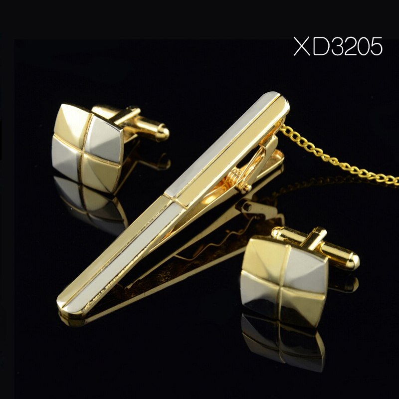 Guld bindeclips og manchetknapper sæt til mænd klassiske meter slips klip manchetknapper sæt kobber slips bar gylden slips krave nåle smykker: Xd3205