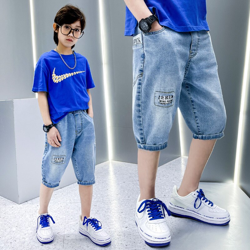 Summer Kids Jeans Teen Boys Clothes Children Denim Short Pants Elastic Waist Thin Shorts Children Letter Print Casual Pants