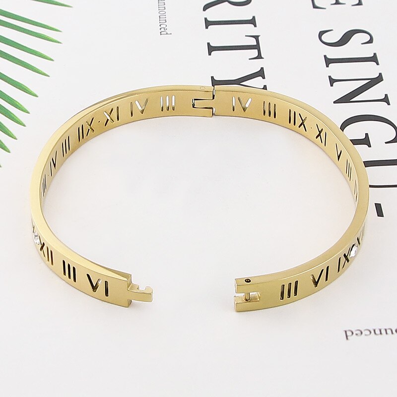 Opening Titanium Steel Bangles Crystal Rose Gold White Gold Bangles Roman Numerals Women&#39;s Bracelet