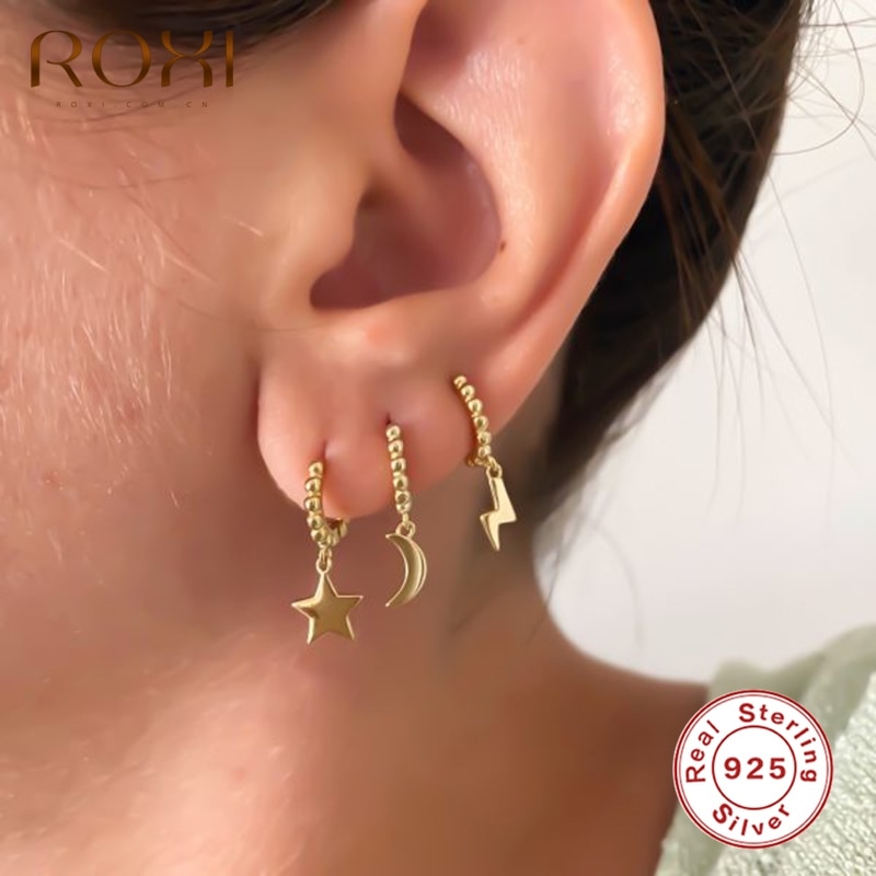 ROXI Vintage Round Beads Glossy Moon Star Lightning Hoop Earrings for Women Girls Jewelry Cartilage Earrings 925 Sterling Silver