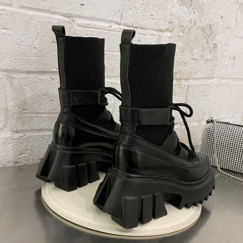 Laarzen dames casual stretch stof sokken laarzen kruisgestrikte damesschoenen platform laarzen