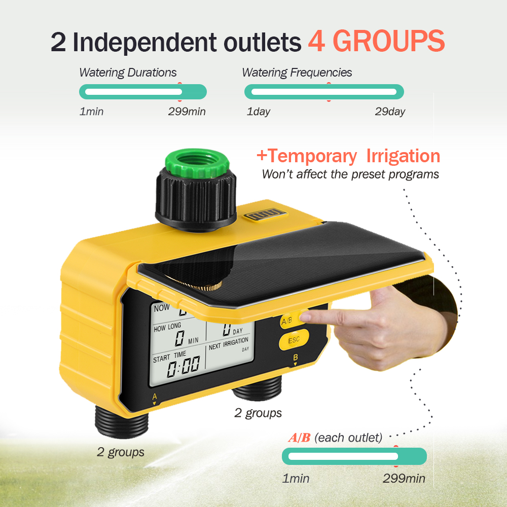 Solar Digital Tuin Timer 2-Way Outlet Usb & Solar Opladen Programmeerbare Slang Timer Buiten Irrigatie Controller Lcd Waterdicht