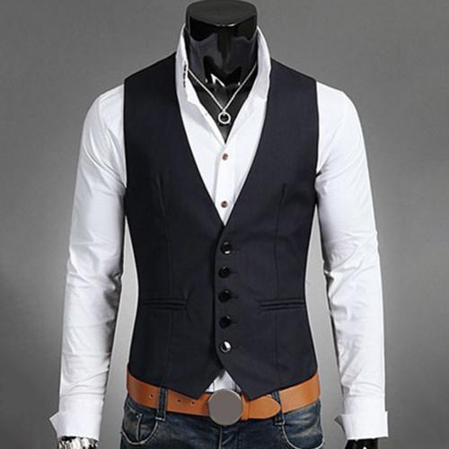Dress Vests For Men Slims Fit Mens Suit Vest Male Waistcoat Gilet Homme Casual Sleeveless Formal Business Jacket Vests: Black / L