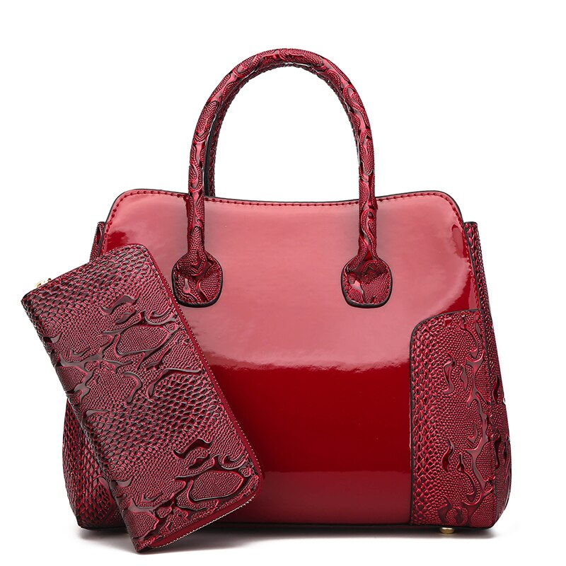 Luxe en cuir verni femmes sac à main 2 ensembles dames Composite sacs sacs de messager dames portefeuille sac à bandoulière: Red
