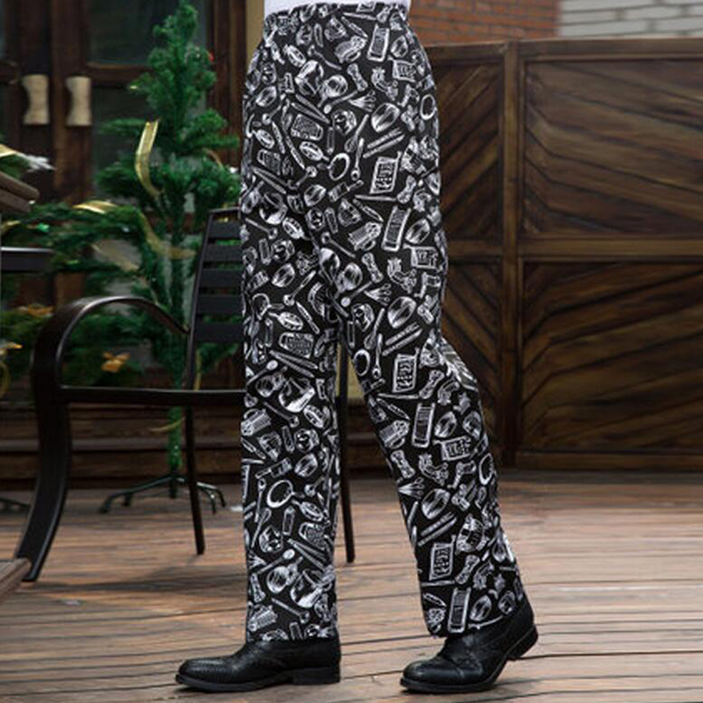 Men Women Baggy Chef Pants Uniform Loose Fit Cargo Pants Restaurant Kitchen Elastic Waistband Work Trousers: Cutlery 2XL