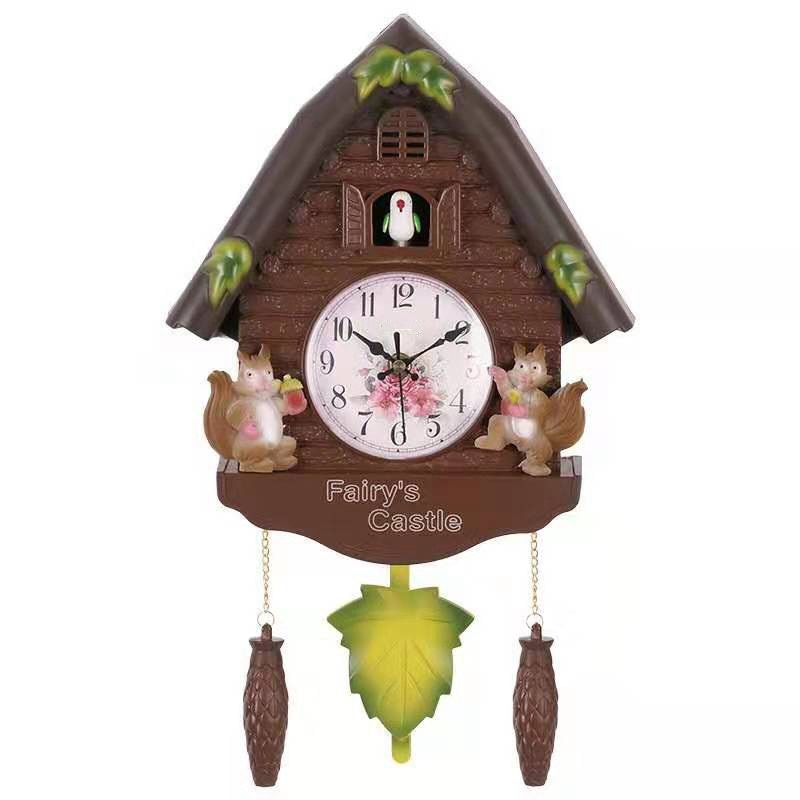 Cute Bird Wall Clock Cuckoo Alarm Clock Cuckoo Clock Living Room Watch Brief Children Bedroom Decor Home Day Time Alarm Clocks: Brown squirrel