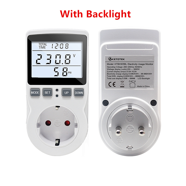 Digital Wattmeter 220V Power Energy Meter EU Plug Socket Analyzer AC Voltmeter Ammeter Consumption Monitor Kwh And Cost Display: 1With Backlight