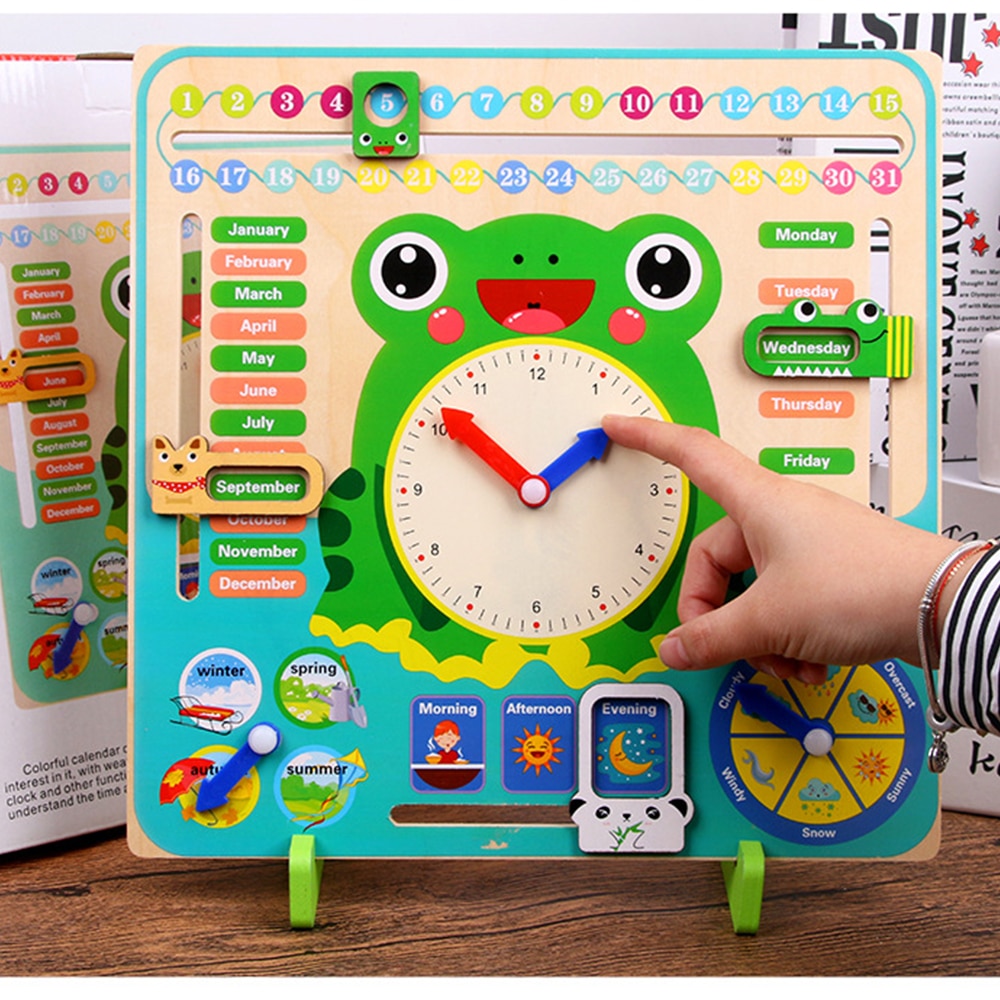 Wooden Cartoon Frog Calendar Clock Set Children Weather Time Cognitive Matching Toys Kids Early Learning Education Toys