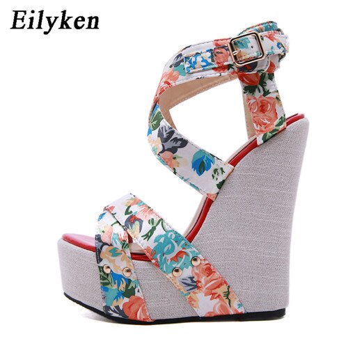 Eilyken Silk Print Floral Wedges Shoes For Women High Heels Sandals Summer Women's Shoes Peep Toe Wedges Platform Sandals: 9