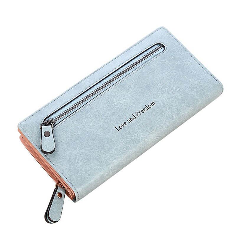Women Solid Color Coin Purse Love And Freedom Printing Wallet Long Wallet Card Holders Handbag Zipper Leather Wallet For Women: Light Blue