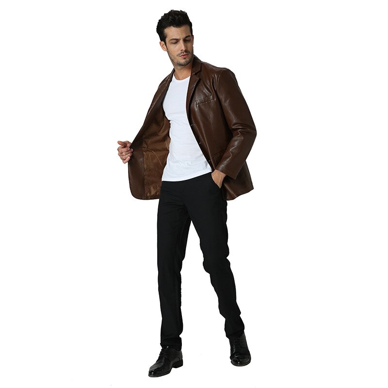 Brun imiteret læder blazer casual business pu læder slim fit plus size jakkesæt til drenge langærmet mandlig jakkesæt blazer