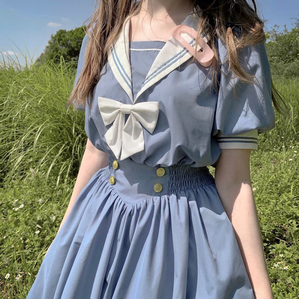 Japanischen Blau Lolita Süße Kleid Harajuku Seemann Kragen Marine Kleider Jahrgang Bogen Kawaii Mädchen Adrette Langarm Kleid