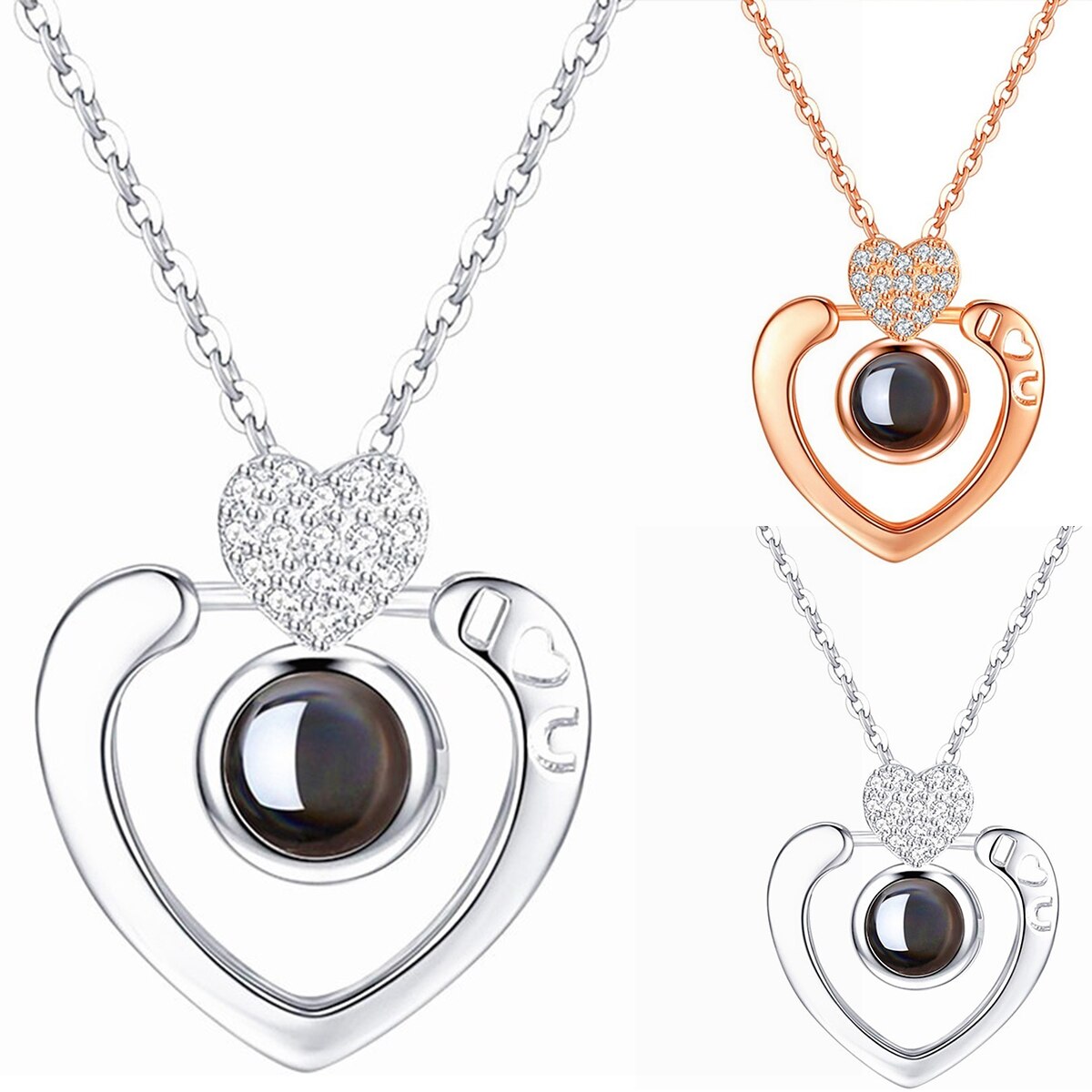 Silver Rose Gold 100 Languages Light I Love You Projection Pendant Necklace Love Heart-Shaped Diamond Necklace