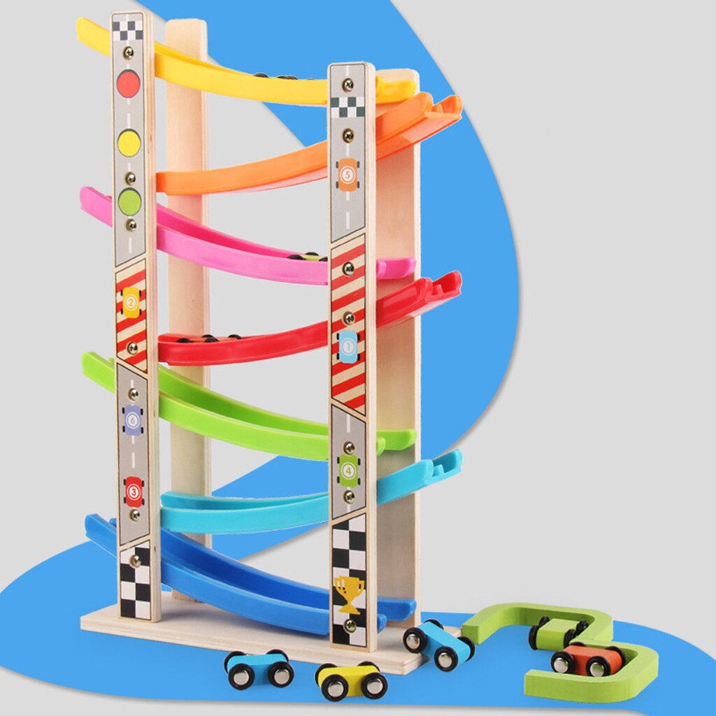 Houten 7-Layer Ramp Race Track & 8 Mini Inertie Auto Glijden Speelgoed Vehicel & Trein Baby Peuter Motor vaardigheid Developmental Kids
