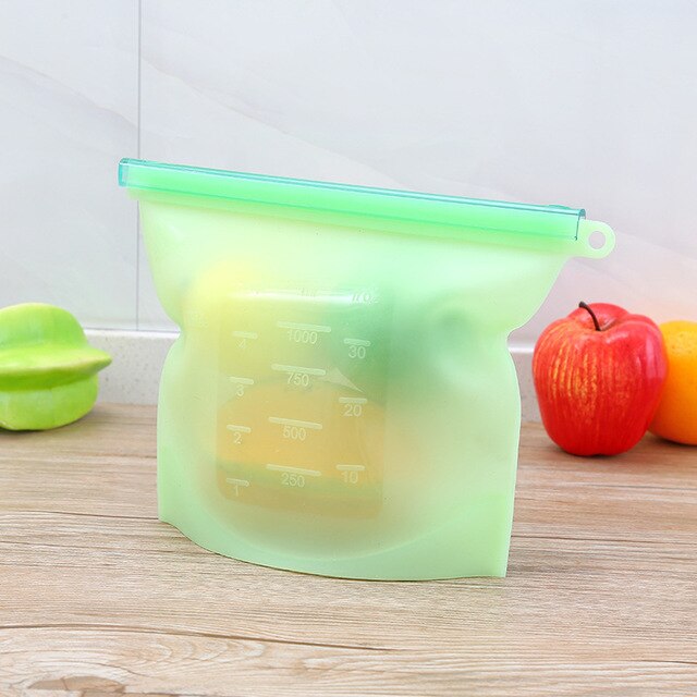 Tetou genanvendelig silikone taske mad opbevaring poser frugt pose forsegling lynlås frysepose madlavning friske poser: Grøn 1000ml
