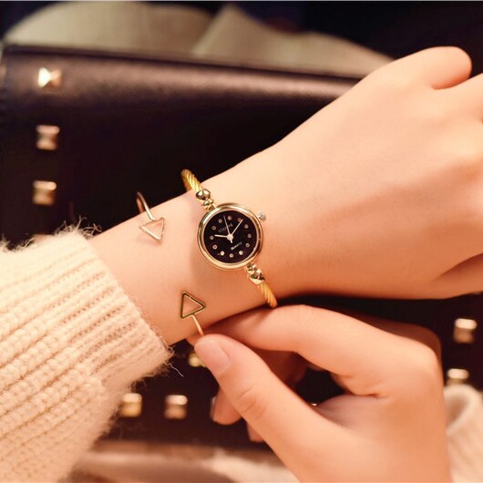 Diamant luksus ståltråd armbånd armbånd ure kvinder mærke små vintage damer armbåndsure kvindelige ur: Guld sort