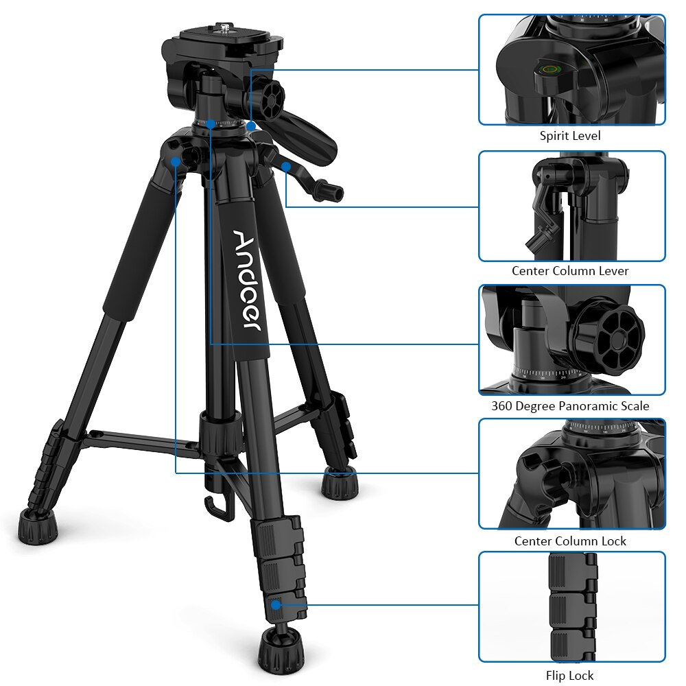 Andoer trípode ligero para cámara de viaje de 57,5 pulgadas para fotografía, de Vídeo Grabación, soporte para videocámara SLR DSLR con bolsa, abrazadera para teléfono