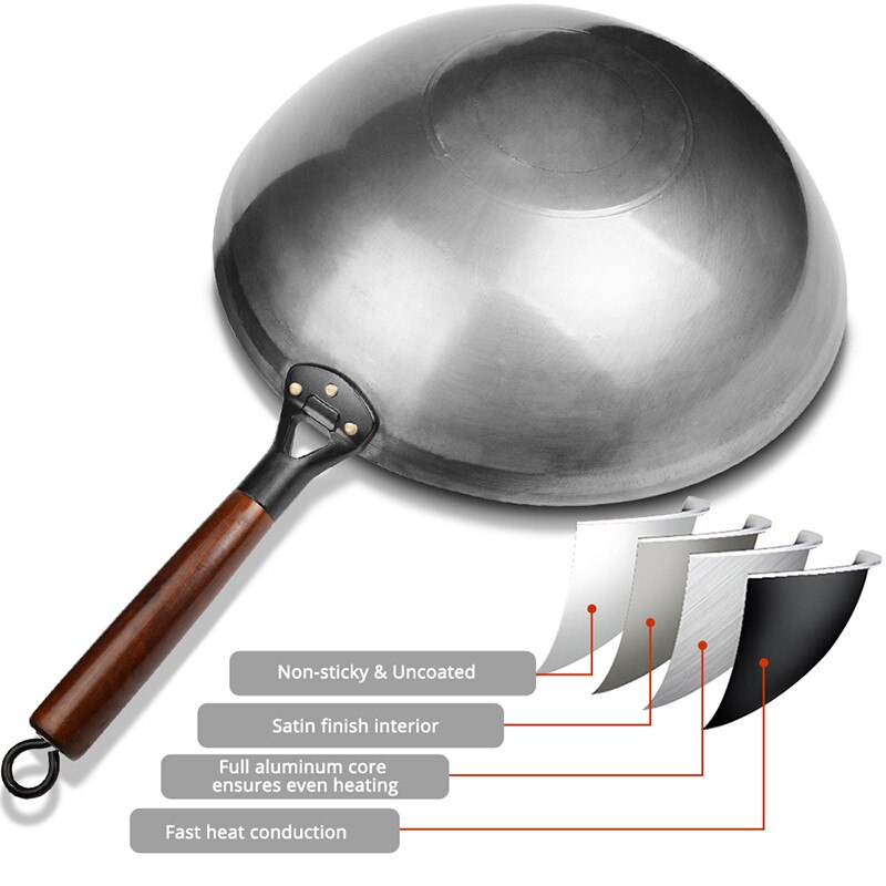 Sartén de Wok de hierro fundido, Wok tradicional chino antiadherente con asas de madera resistentes al calor, ollas de cocina de Gas, utensilios de cocina