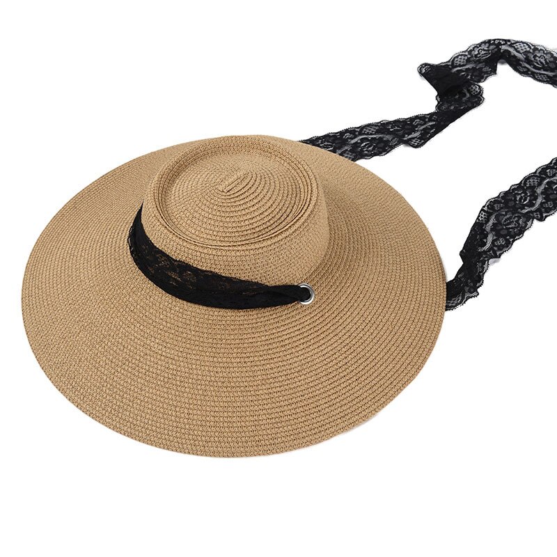 ins stor kant solhatt til kvinner blondere stropper svart strandhatter årgang sommer uv hattemaker   s1091: Kamel
