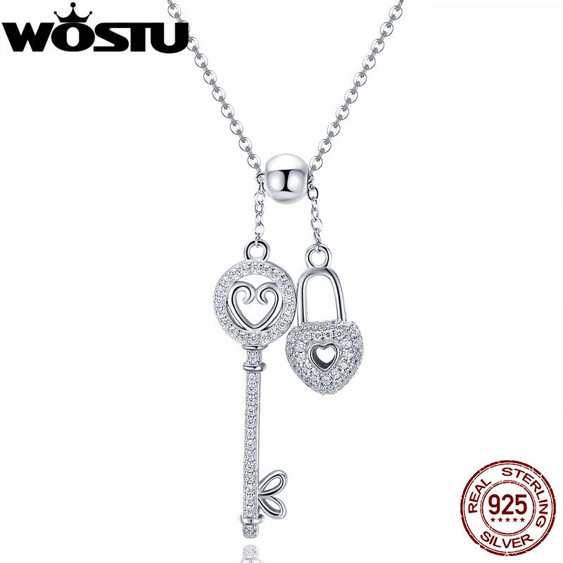 WOSTU Luxury 925 Sterling Silver The Key of Heart Lock Pendant Necklace For Women Girlfriend Wife Jewelry CQN290