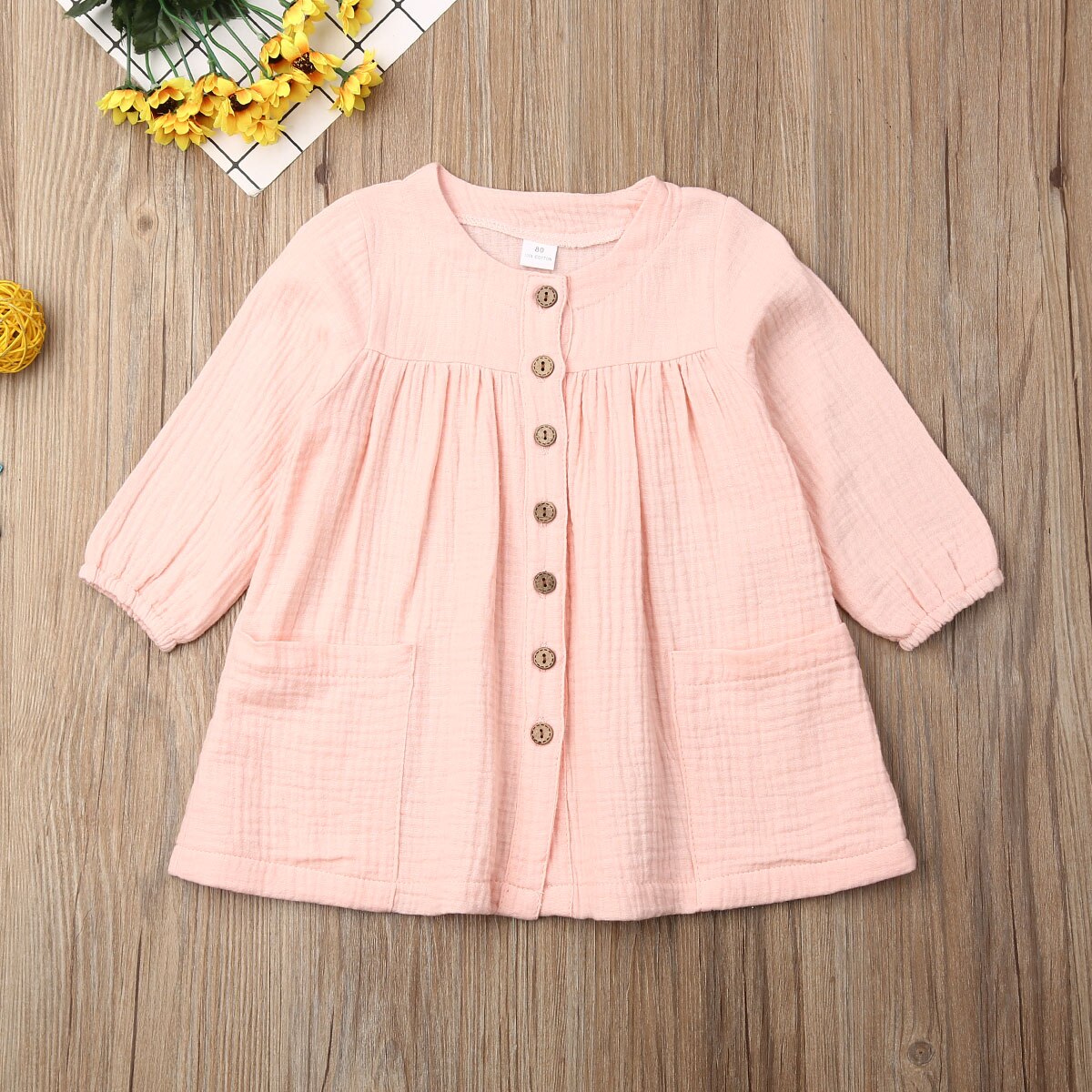 Casual Capretti Del Bambino Della Ragazza Abito Semplice di Cotone di Tela Solido A-Line Bottoni Tasche del Vestito A Maniche Lunghe Ragazze del Vestito di Autunno Vestiti 1-6Y: Colore rosa / 2T