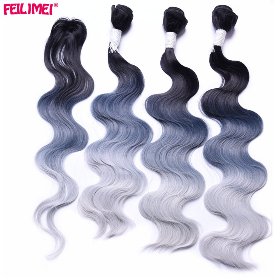 Feilimei-mechones de pelo sintético, tejido de fibra de alta temperatura, 3 tonos, Rubio degradado, gris, azul, Morado, 18 pulgadas, 20 pulgadas, 22 pulgadas: Degradado