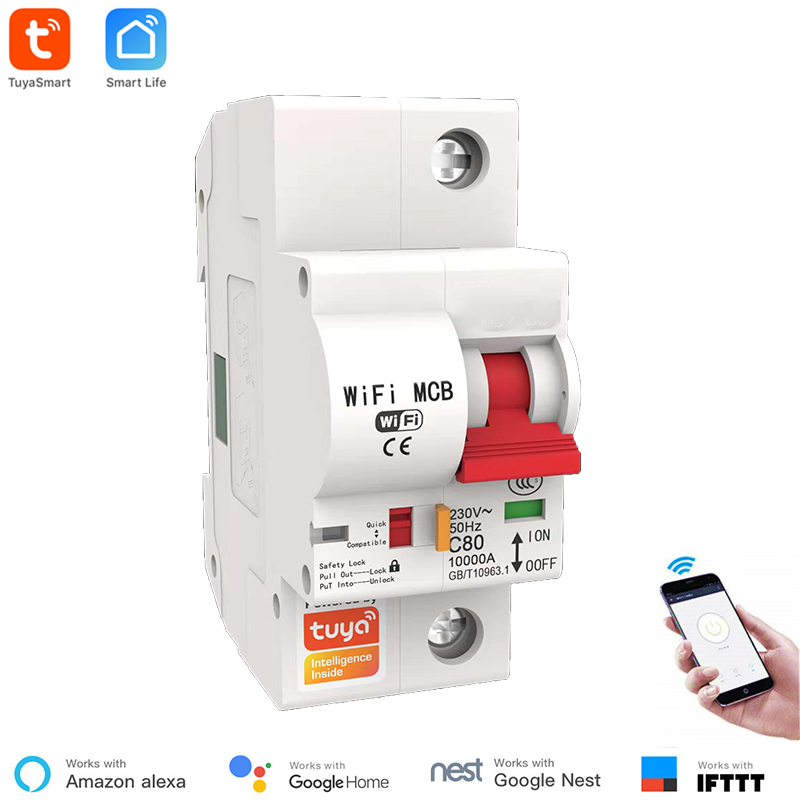 Tuya Smart Stroomonderbreker 63A 1P/2P/3P/4P Wifi Smart Circuit Breaker automatische Schakelaar Overbelasting Kortsluiting Alexa: 1P 63A