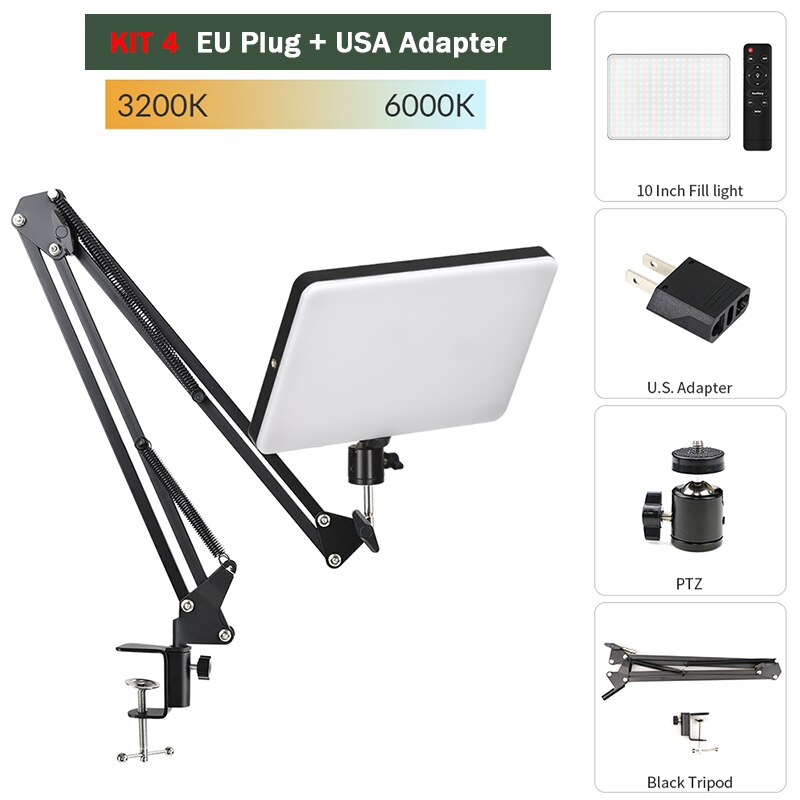 10inch LED Video Light Panel EU Plug USA Adapter 3200k-6000k Photography Lamp Panel 360 Degree Long Arm Holder For Photo Studio: Kit 4