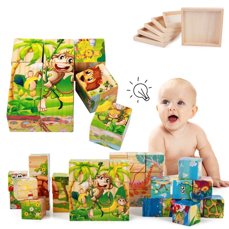 1PC Kinder Cartoon Holz Neun Blöcke Sechs-seitige Weisheit 3D Tier Würfel Puzzle Spielzeug für Kinder Bildungs baby Spielzeug