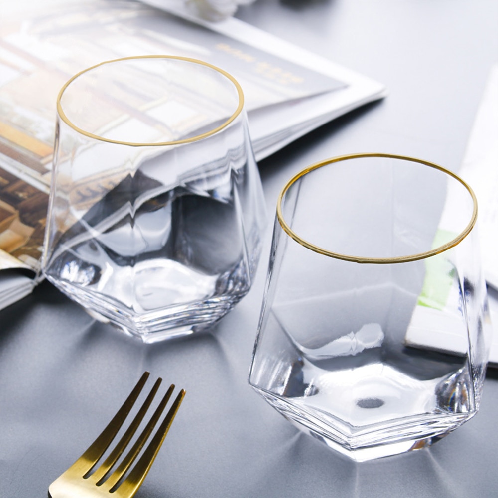 Diamond Whiskey Glass Diamond Crystal Glass Cup Golden Rim Transparent Coffee Milk Tea Mug Home Bar Drinkware Couple