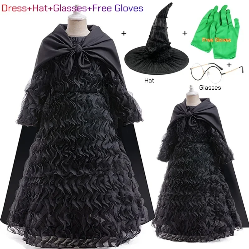 Malvado elphaba traje de halloween bruxa cosplay preto babados vestido manto luvas chapéu pontiagudo vestido da menina: 6 toneladas / Marrom