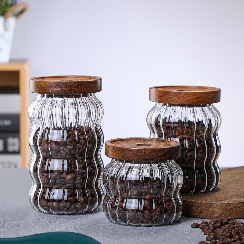 Tarro de almacenamiento de Vidrio Curvo , botella sellada, tarro de caramelo de grano de café con tapa de madera, contenedor de vidrio artesanal para decoración del hogar