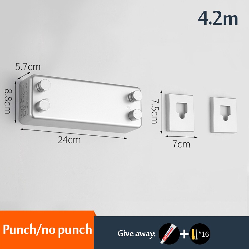 4.2M Clothes Line Dryer Retractable Wall Mounted Clothesline Drying Rack Rope Bathroom Laundry Dryer Double Layer Stretch Tool: Silver