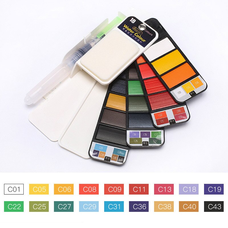 18/25/33/42 farver solid akvarelsæt sammenklappelig vandfarve maling vandbørste pigment til tegning af papirvarer: 18 farver