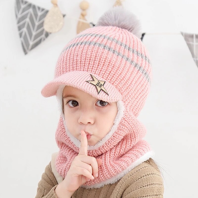 Knit Short Plush Hooded Scarf Kids Hat And Scarf Child Winter Warm Protection Ear Cap Scarves Girls Boy Accessories: pink