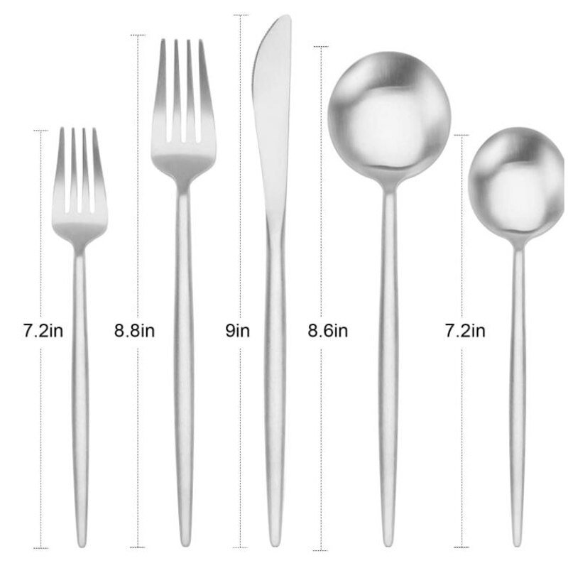 5 Stks/set Matte Rose Goud Zilver Ware Set 304 Roestvrij Staal Bestek Steak Mes Vork Lepel Dessertlepel Set: 5pcs silver set