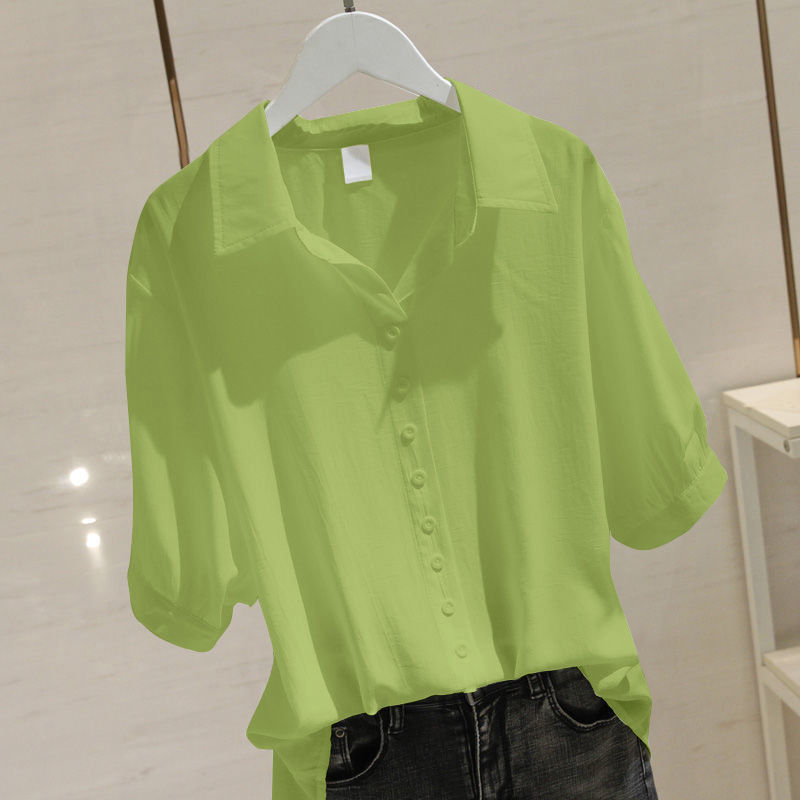 Summer Korean Solid Lapel Buttons Simple Oversized Short Sleeve Shirt Female Loose Casual Fruit Green Blouse Blusas