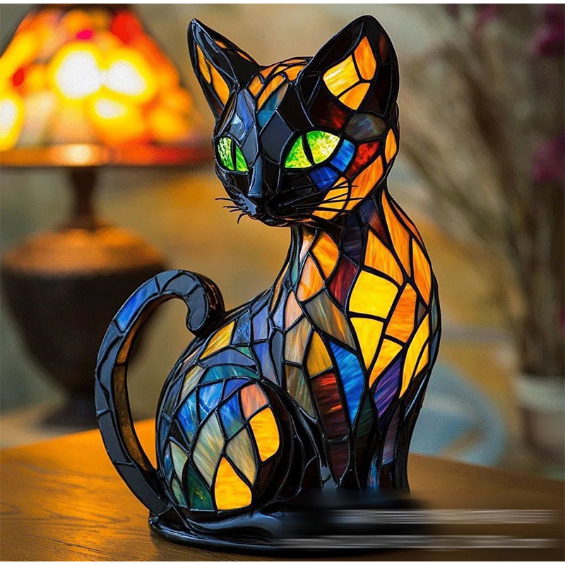 Kattelampe i farget glass, retro magisk katt i farget harpiksbordlampe - søt led-lampe med kjæledyrtema for hunde- og katteelskere