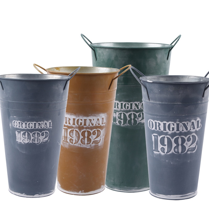 Retro White Flower Bucket Metal Flower Pot Floral Plants Iron Storage Container Garden Home Tabletop Decoration