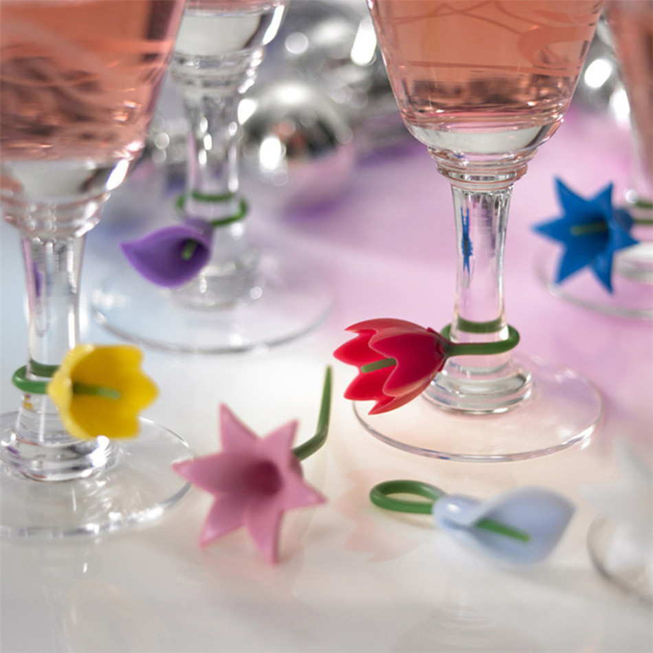 Seaan 6 Pcs Bloemen Wijn Cup Marker Siliconen Label Party Gewijd Glas Cup Herkenner Gereedschap Voor Wijn Glas