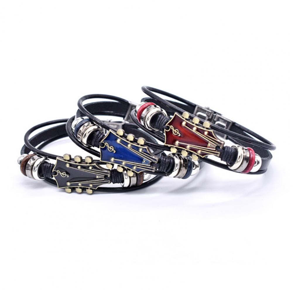 Braided Guitar Bracelet Faux Leather Zinc Alloy Adjustable Buckle Manual Woven 3-layered Retro Punk Wrist Jewelry