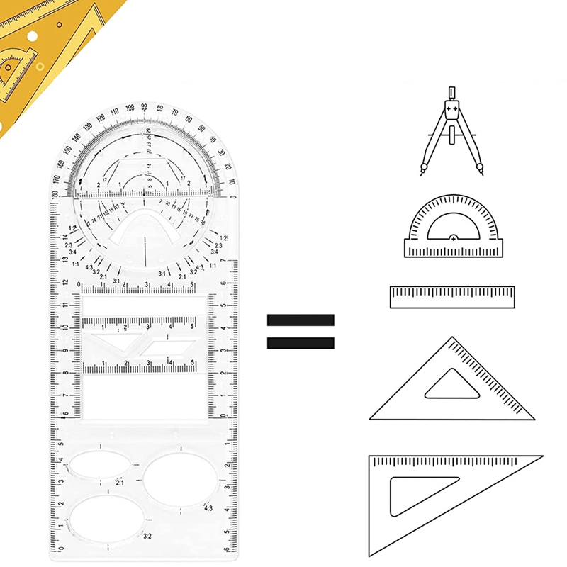 4 Piece Multifunctional Geometric Ruler Set, 2 Multifunctional Geometric Ruler Scale, with 2 Circle Templates