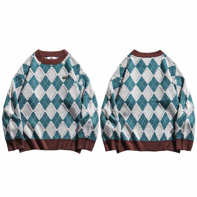 Hip Hop Trui Mannen Streetwear Harajuku Trui Argyle Gebreide Trui Katoen Casual Vintage Retro Plaid Trui Geruite: A500514 Green / Asian M