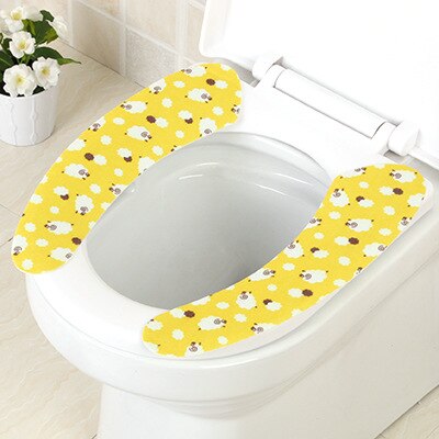 2pcs/set Washroom Warm Washable Health Sticky Toilet Mat Seat Cover Pad Household Reuseable Soft Toilet Seat Cover: yellow sheep