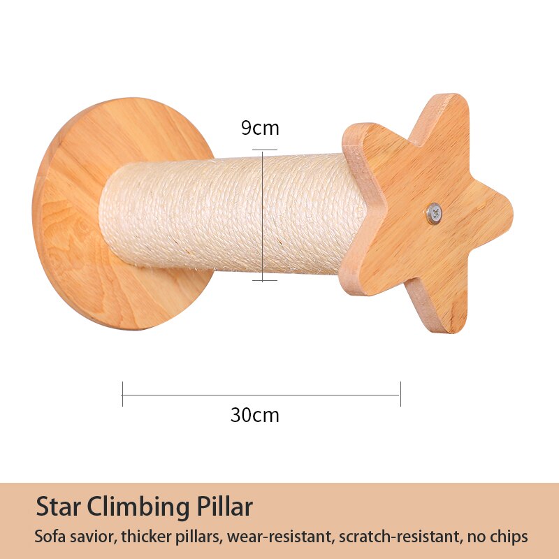 Wall-mounted Cat Climbing Frame Solid Wood Wall Jumping Platform Springboard Climbing Ladder Cat Nest Star Clock Ornaments: Star climbing column